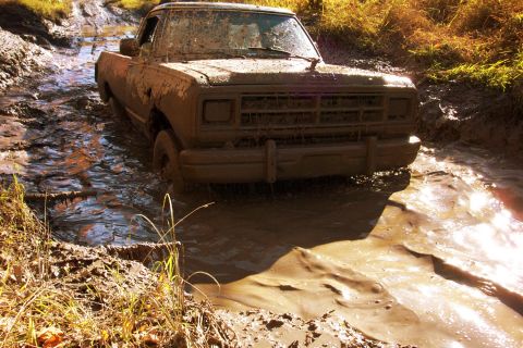 1979 Ford Bronco - A pickup truck navigates a challenging muddy path, its body heavily coated in thick mud.