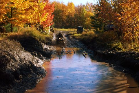 1979 Ford Bronco - ATV navigates a challenging muddy trail amidst vibrant autumn trees.