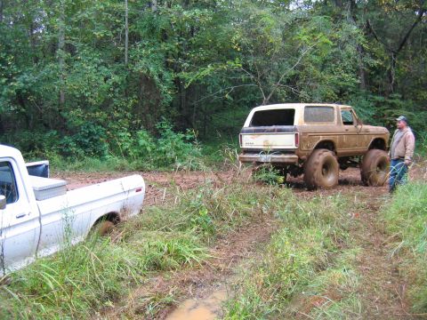 1992 Ford Mustang - Two off-road vehicles are stuck in the mud in a wooded area.