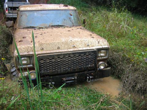1992 Ford Mustang - This truck is deeply stuck in the mud, with vegetation encroaching on all sides.