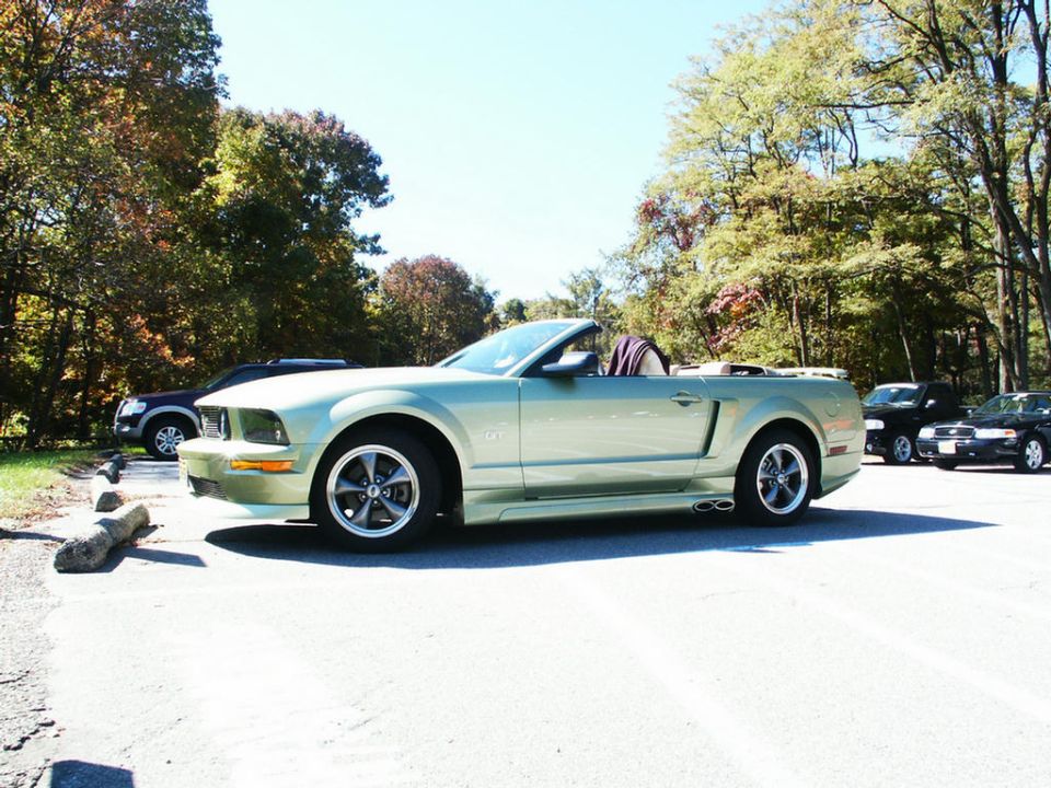 Light green Ford Mustang convertible parked outside with trees and other cars in background