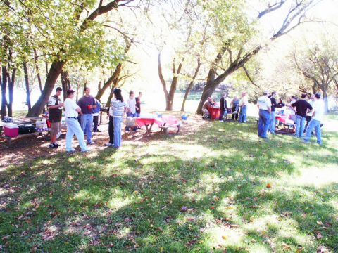 2001 Mercury Grand Marquis - A group of people enjoy a picnic outdoors, with trees providing shade and picnic tables set up.