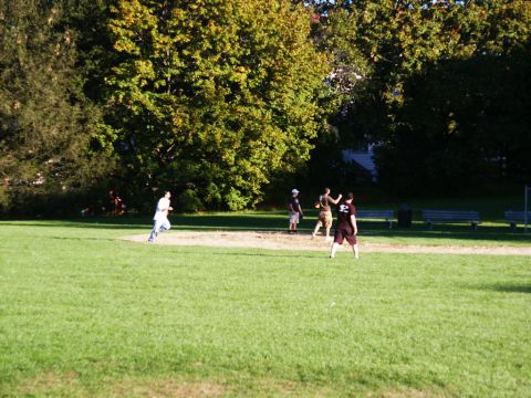 2001 Mercury Grand Marquis - A group of people are playing baseball in a park with trees and benches in the background.