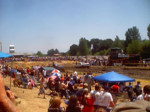 1976 Ford F-100 - Spectators watch a mud run event with multiple vehicles visible in the distance under a clear sky.