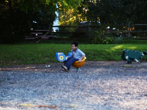 2001 Mercury Grand Marquis - A child enjoys a playground ride in a park setting with trees and a picnic table in the background.