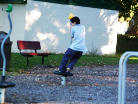 2001 Mercury Grand Marquis - A child spins on playground equipment with a bench and trash can in the background.