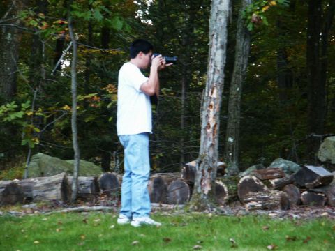 2001 Mercury Grand Marquis - Man photographs the natural surroundings in a forest clearing with cut logs piled nearby.