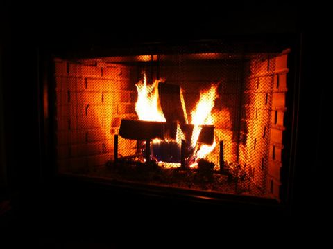 2001 Mercury Grand Marquis - Burning logs in a brick fireplace with a protective screen.