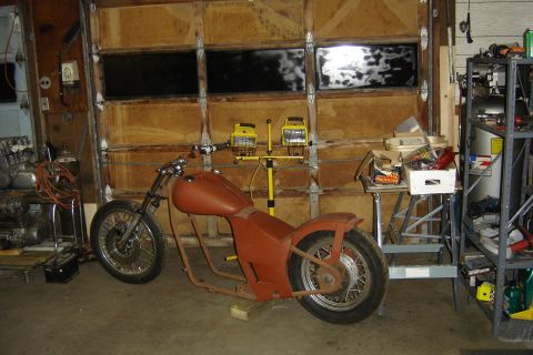1994 Ford Probe - Early '70's Honda 750 hardtail project Modified Harley fatbob tanks Harley 1" dragbars Owner fabbed seat, fender, sidepanels