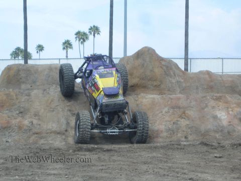 1990 Ford Bronco - purple-and-yellow tube-chassis rock buggy climbs a dirt-and-rock mound with palm trees and a fence behind.