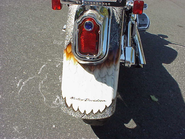 Rear fender of Harley motorcycle with eagle-wing paint and chrome taillight