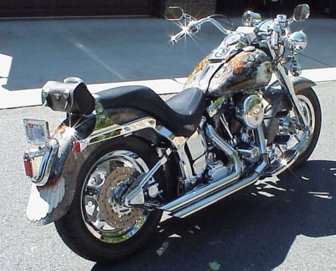 1999 Harley-Davidson Fat Boy - A custom painted Harley-Davidson motorcycle is shown from the rear three-quarter view.