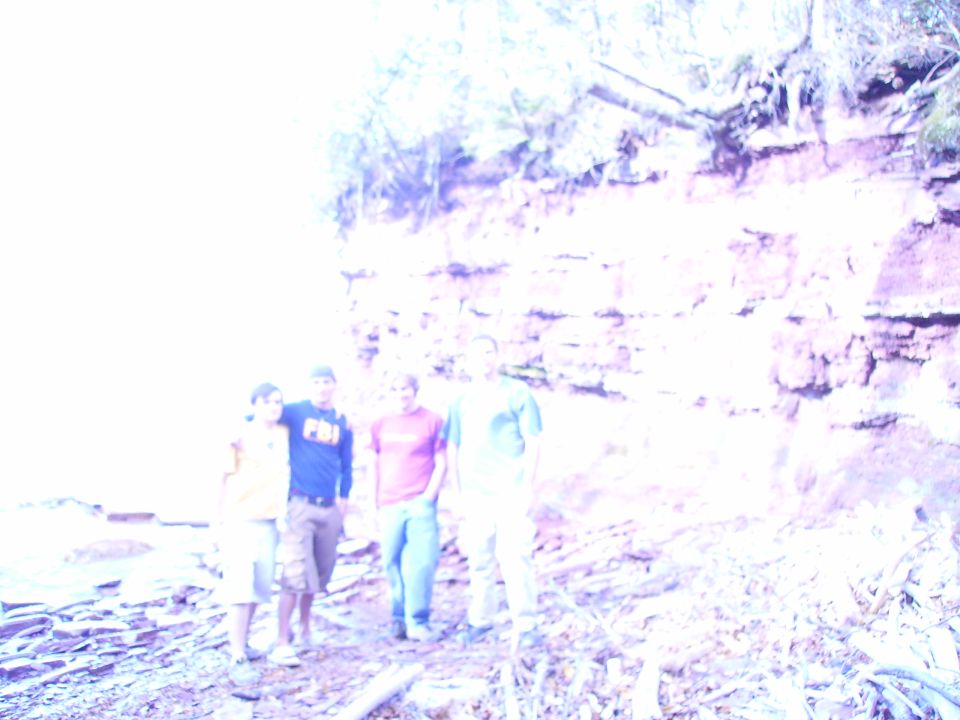 Four people stand on a rocky shore near a cliff face