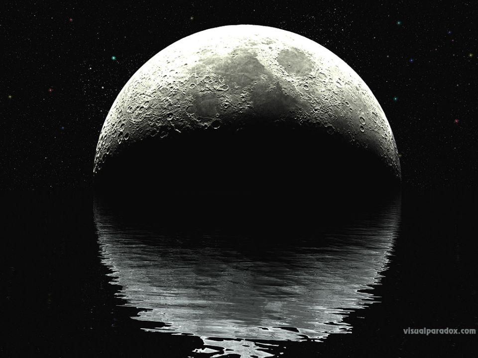 Moon reflected in dark water with stars
