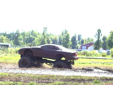 1979 Ford Bronco - This heavily modified vehicle, covered in mud, sits high on massive tires in a rural, outdoor setting.