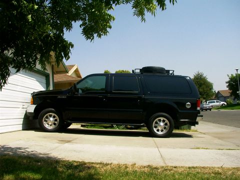 2000 Ford Excursion - This black Ford Excursion is parked on a concrete driveway under a tree.