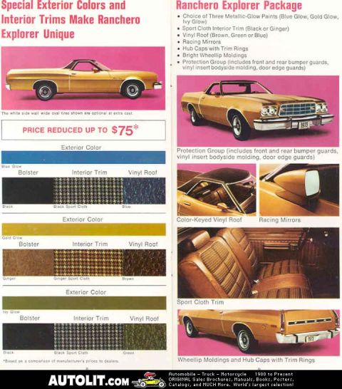 1973 Ford Ranchero - This 1973 Ford Ranchero features a gold exterior and a black bed cover, as shown in this advertisement.