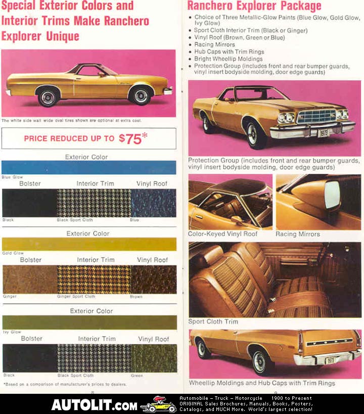 1973 Ranchero Explorer package brochure pages with color and trim swatches and option photos