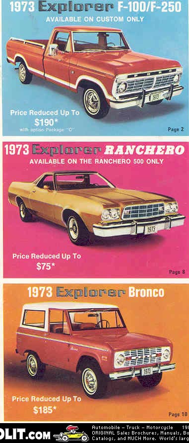 1973 Ford Ranchero - This advertisement shows a 1973 Ford Ranchero, highlighting its available features and pricing.