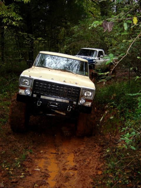1992 Ford Mustang - Two pickup trucks navigate a muddy trail in a wooded area.