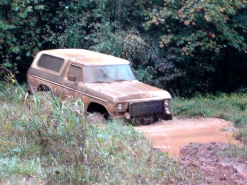 1992 Ford Mustang - This classic Ford Bronco is deep in the mud, with only its roof and front grille visible above the water.