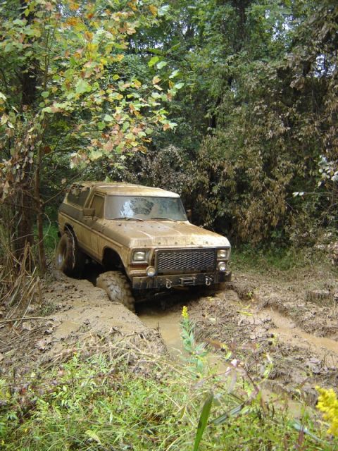 1992 Ford Mustang - Ford Bronco navigates a challenging muddy off-road course surrounded by dense foliage.