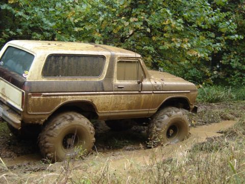 1992 Ford Mustang - This heavily mud-covered SUV is stuck deep in a muddy trail, with only its large tires visible above the mire.