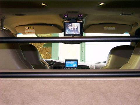 2000 Ford Excursion - The interior of a vehicle is shown, two screens and a view of the dashboard and dashboard.