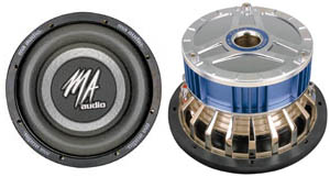 2000 Ford Excursion - Two views of a MA Audio subwoofer speaker, showing the cone and the motor assembly.