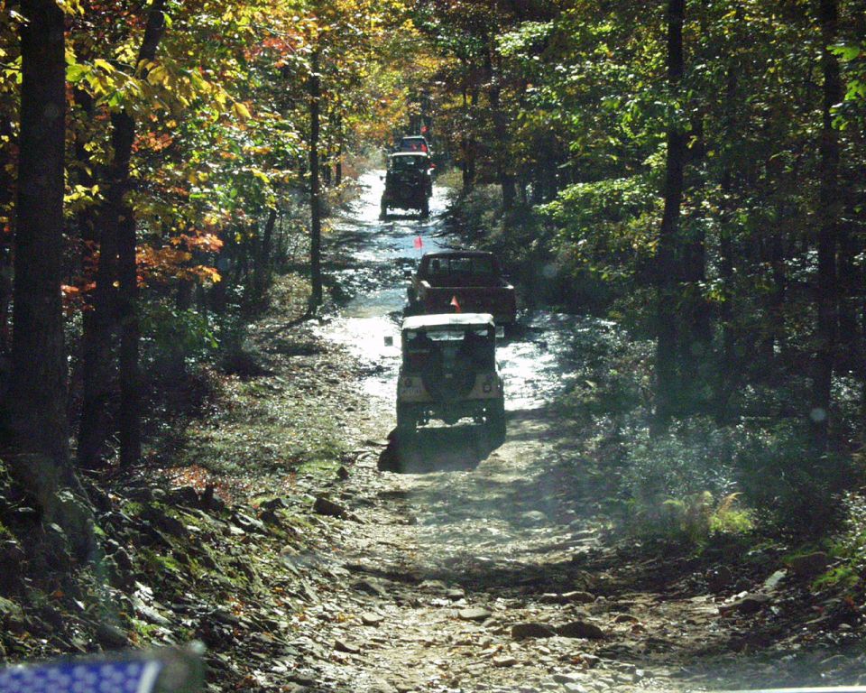 Off-road vehicles driving on a rocky path through autumn woods