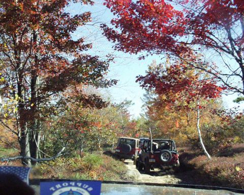 1989 Ford Bronco - Two Jeeps navigate a trail surrounded by vibrant autumn leaves.
