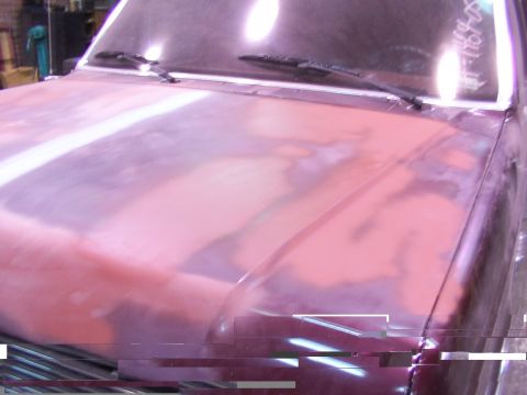 1988 Ford C-350 (Centurion Conversions) - Hood of a 1988 Ford C-350 (Centurion Conversions) showing primer and bodywork in progress.