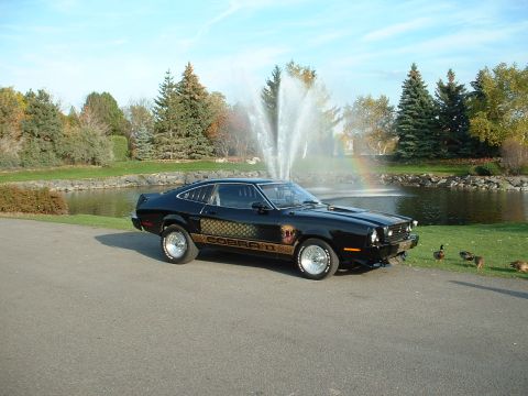 1978 Ford Mustang II - A black 1978 Ford Mustang II Cobra II is parked near a fountain and pond.