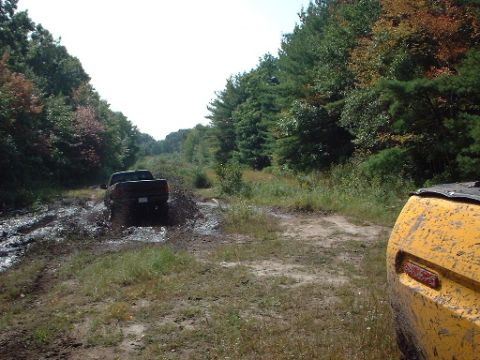 1978 Ford Bronco - A dark pickup truck is stuck in a muddy path surrounded by trees, while a yellow vehicle is partially visible in the foreground.