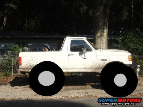 1993 Ford Bronco - A white Ford Bronco with oversized tires sits parked on a dirt road, with a house and a dog visible.