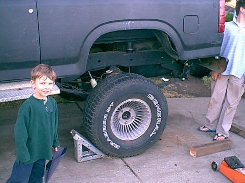 1983 Ford Bronco - Here is alook from a few feet back. body mount and lift installed. Oh yea my two sons that are part of the crew..