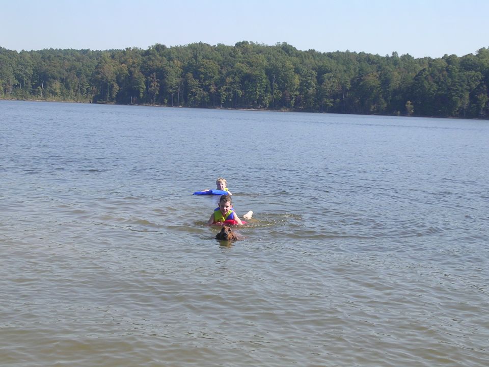 Two children swimming in a lake with a float, forest shoreline behind