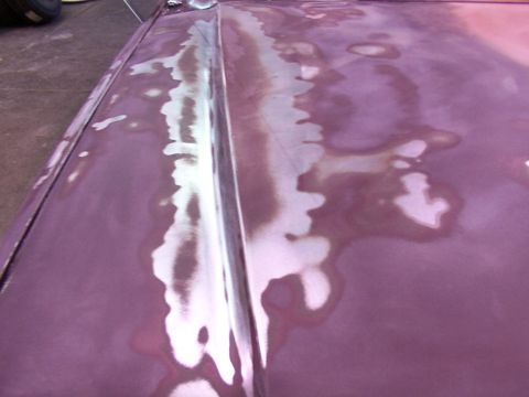 1988 Ford C-350 (Centurion Conversions) - Close-up of a car hood undergoing bodywork, showing areas of primer and sanding.