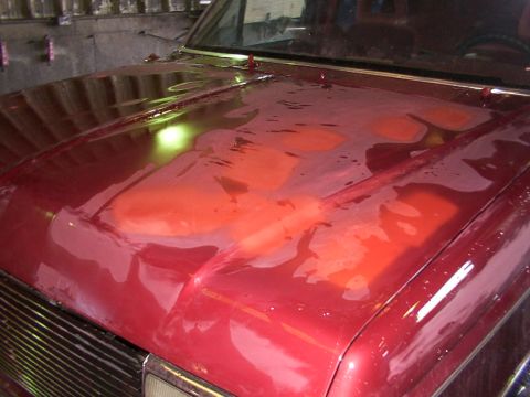1988 Ford C-350 (Centurion Conversions) - The hood of a red vehicle shows significant water spotting and faded paint, indicating wear or damage.