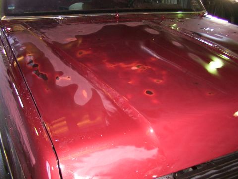 1988 Ford C-350 (Centurion Conversions) - The hood of a red vehicle displays significant rust and paint damage, indicating a need for repair.
