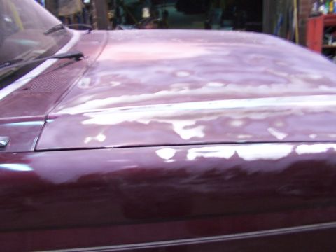 1988 Ford C-350 (Centurion Conversions) - Close-up view of a vehicle's hood showing areas of primer and body filler, indicating repair work.