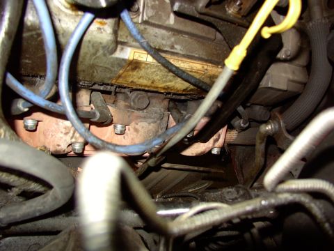 1988 Ford C-350 (Centurion Conversions) - Close-up view of an exhaust manifold with associated engine components, including spark plug wires and a dipstick.