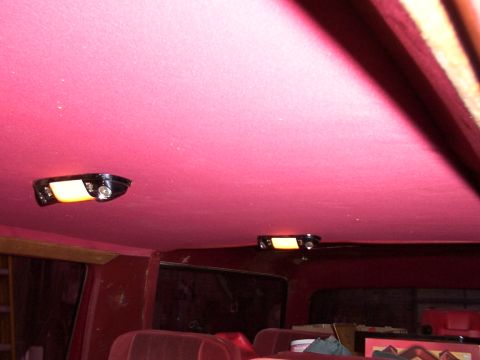 1988 Ford C-350 (Centurion Conversions) - Interior view of a vehicle's headliner with overhead lights.