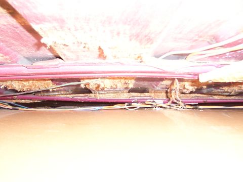 1988 Ford C-350 (Centurion Conversions) - Close-up of a damaged vehicle headliner revealing exposed wiring and water damage to the substrate.