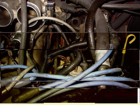 1988 Ford C-350 (Centurion Conversions) - Close-up view of an engine compartment, showing various hoses, wires, and fuel injectors.