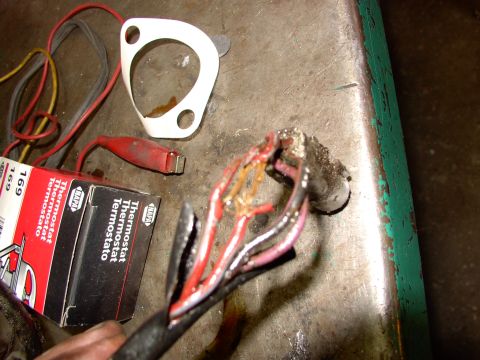 1988 Ford C-350 (Centurion Conversions) - A damaged wiring harness lies next to a box of NAPA thermostats on a workbench.