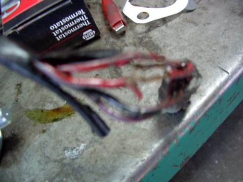 1988 Ford C-350 (Centurion Conversions) - Frayed electrical wires and a NAPA thermostat box are visible on a metal surface.
