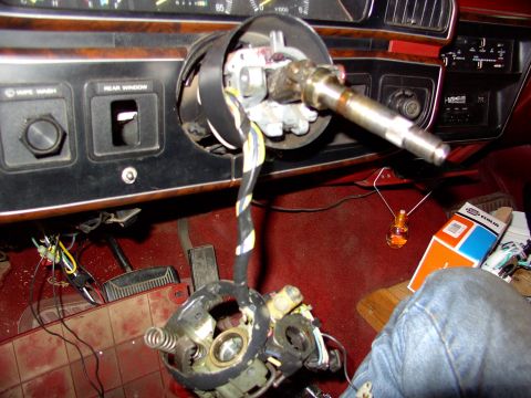 1988 Ford C-350 (Centurion Conversions) - Interior view of a disassembled steering column and dashboard controls.