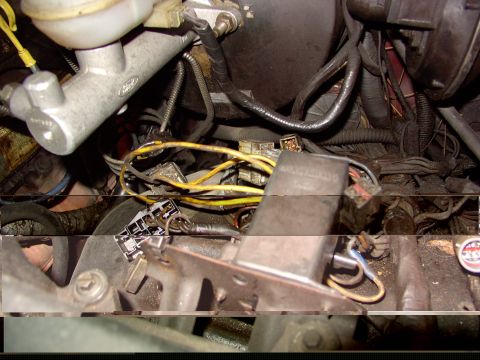 1988 Ford C-350 (Centurion Conversions) - Close-up view of the engine compartment wiring and connectors, showing various electrical components.