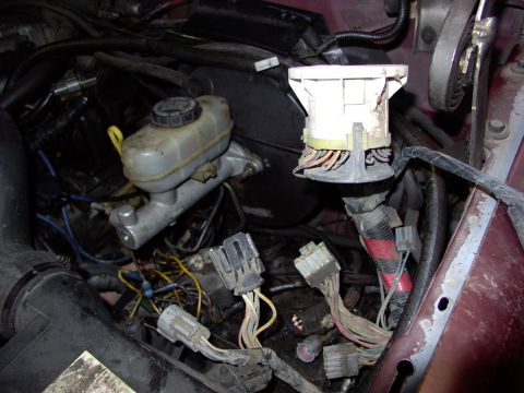 1988 Ford C-350 (Centurion Conversions) - Close-up view of the engine compartment, showing the brake fluid reservoir and a complex network of wires and connectors.
